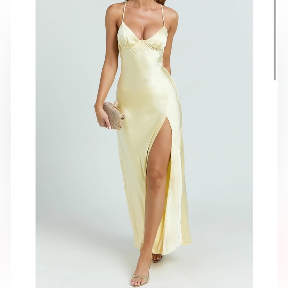 Showpo.
Heidi Maxi Dress - Satin Ruched Bust tie back dress in lemon